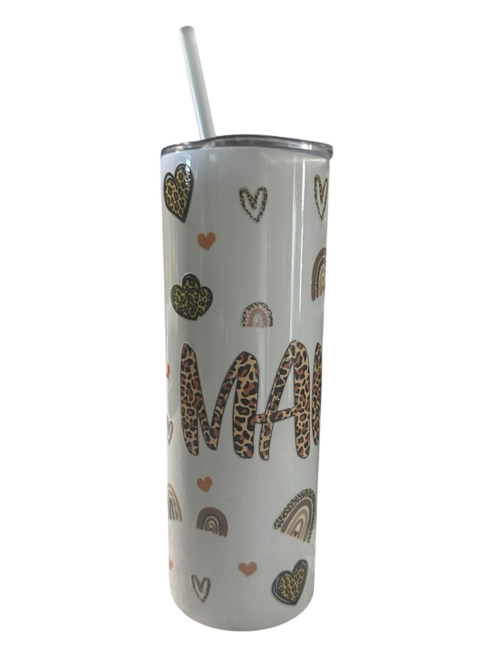 White 'Mama' Leopard Print Stainless Steel Tumbler with Straw